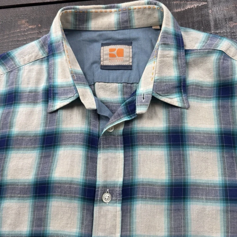 Boss Orange by Hugo Boss Mens M Shirt Blue White Plaid Print Linen Short Sleeves